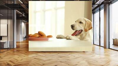 Cute Labrador dog and cookies against wooden table on unfocused background Wall mural