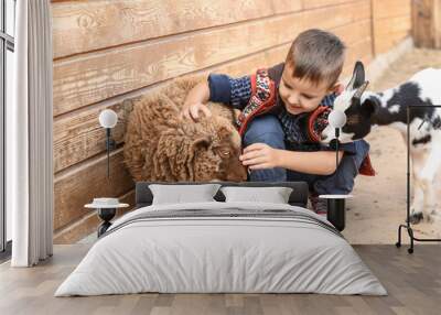 Cute little boy with sheep in petting zoo Wall mural