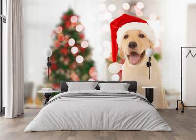 Cute puppy in Santa hat and blurred living room decorated for Christmas on background Wall mural