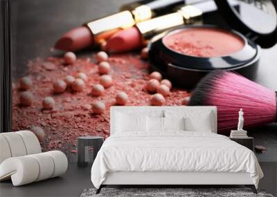 decorative cosmetics and accessories for makeup on grey background Wall mural