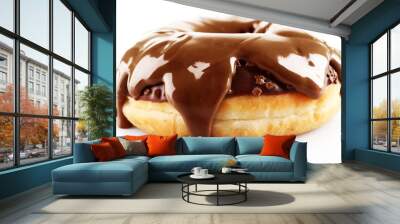 Delicious baked doughnut with melted chocolate topping, isolated on white Wall mural