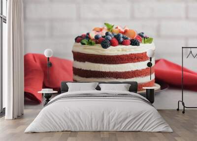 Delicious cake with fruit and berries decoration on gray table Wall mural