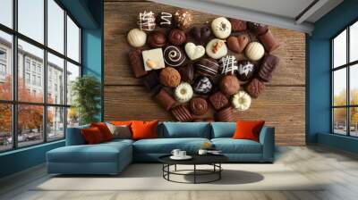 Delicious chocolate candies on wooden background Wall mural