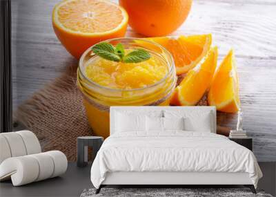 Delicious orange jam on table close-up Wall mural