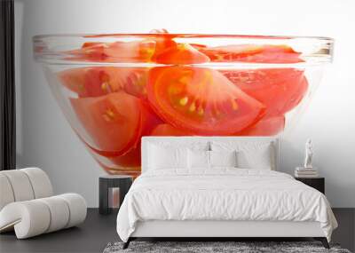 Diced tomatoes in glass bowl isolated on white Wall mural