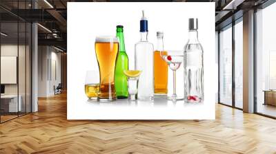 Different bottles of wine and spirits on white background Wall mural