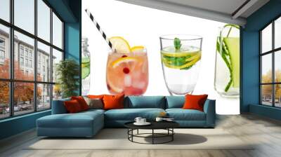 Different drinks in glasses on white background. Ideas for summer cocktails Wall mural