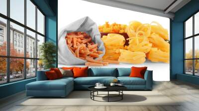 Different kinds of pasta on white background Wall mural