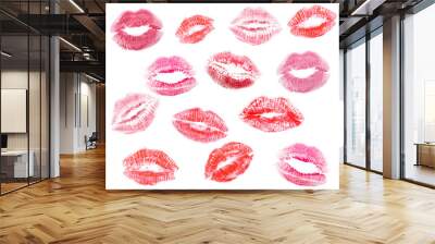 Different lipstick prints of women lips on white background Wall mural