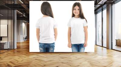 different views of little girl wearing t-shirt on white background Wall mural