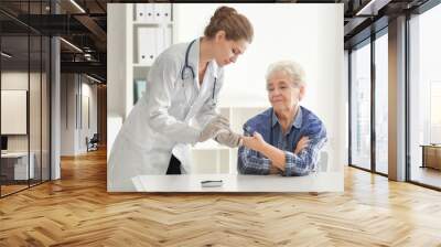 Doctor measuring blood sugar level of diabetic patient in clinic Wall mural