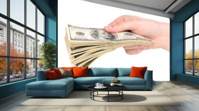 Dollar banknotes in hands isolated on white Wall mural