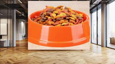 Dry cat food in bowl on wooden background Wall mural