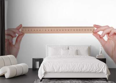 Female hands with wooden ruler isolated on white Wall mural