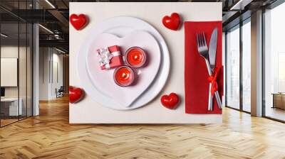 Festive table setting for Valentines Day on light background Wall mural