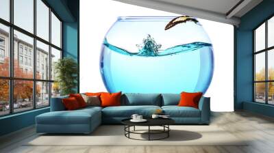 Fish bowl with water and butterfly on it isolated on white Wall mural