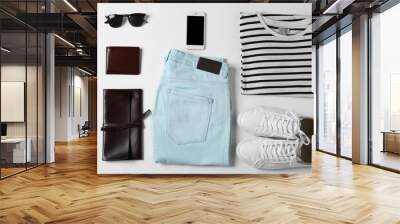 Flat lay set of male clothes and accessories on white background Wall mural