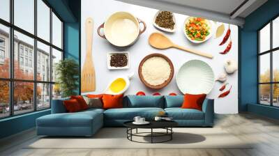 Food ingredients and kitchen utensils for cooking isolated Wall mural