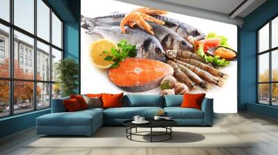 Fresh fish and other seafood isolated on white Wall mural