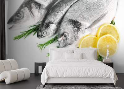 Fresh fish in a row with lemon and rosemary isolated on white background Wall mural