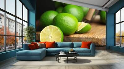 Fresh juicy limes on wooden table, on dark background Wall mural