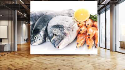 Fresh Mediterranean cocktail of fish on white background, close up Wall mural