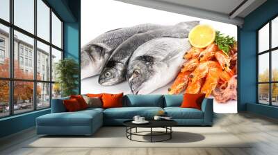 Fresh Mediterranean cocktail of fish on white background, close up Wall mural