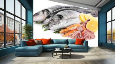 Fresh Mediterranean cocktail of fish on white background, close up Wall mural