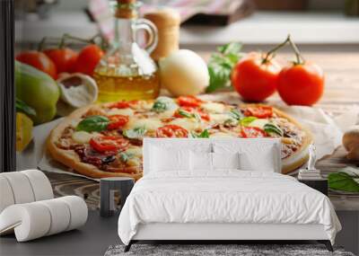 Fresh pizza with tomatoes, cheese and mushrooms on wooden table closeup Wall mural