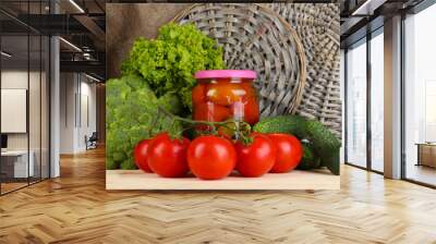 Fresh vegetables and canned on wooden table close up Wall mural