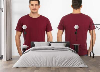 Front and back views of young man in stylish t-shirt on white background. Mockup for design Wall mural