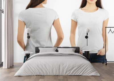 Front and back views of young woman in stylish t-shirt on white background. Mockup for design Wall mural