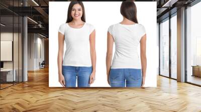 Front and back views of young woman in stylish t-shirt on white background. Mockup for design Wall mural