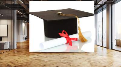 Grad hat and diploma isolated on white Wall mural