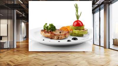 Grilled steak and grilled vegetables on plate, isolated on Wall mural