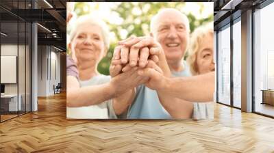 Group of elderly people putting hands together as symbol of unity Wall mural