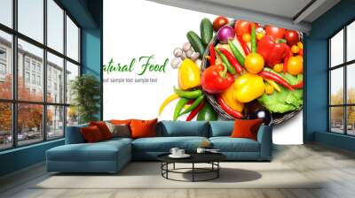 Group of fresh vegetables in basket on white background Wall mural