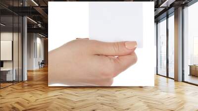 Hand holding blank card isolated on white Wall mural