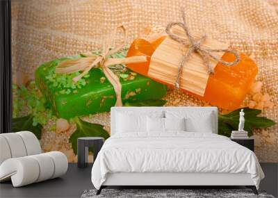 Hand-made natural soaps on sackcloth Wall mural