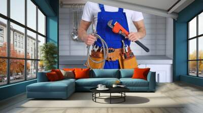 Handsome young plumber in kitchen, closeup Wall mural