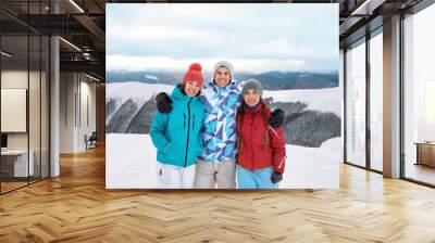 Happy friends standing on snowy mountain peak. Winter vacation Wall mural