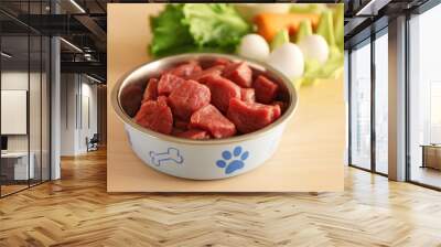 Healthy dog food on wooden background Wall mural