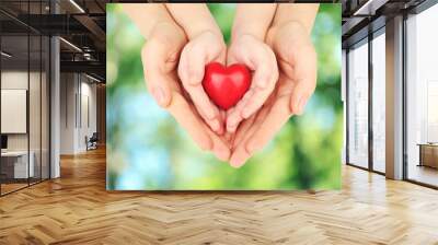 Heart in child and mother hands on green nature background. Concept of taking care, protection, helping and assistance Wall mural