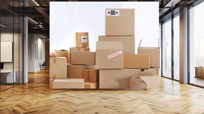 House move concept. Carton boxes on white wall background Wall mural