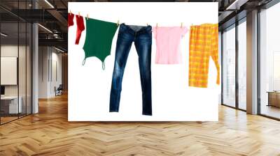 Laundry line with clothes isolated on white Wall mural