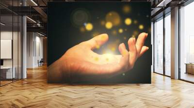 Light in human hand in the dark,  miracle concept Wall mural