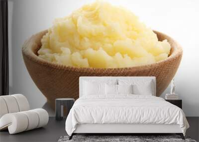 Mashed potatoes in wooden bowl isolated on white Wall mural