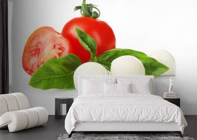 Mozzarella cheese balls, cherry tomatoes and green fresh organic basil isolated on white Wall mural