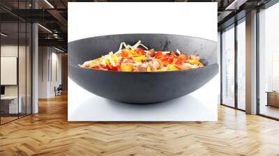 Noodles with vegetables on wok isolated on white Wall mural