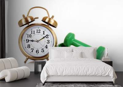 Old alarm-clock and dumbbells isolated on white Wall mural